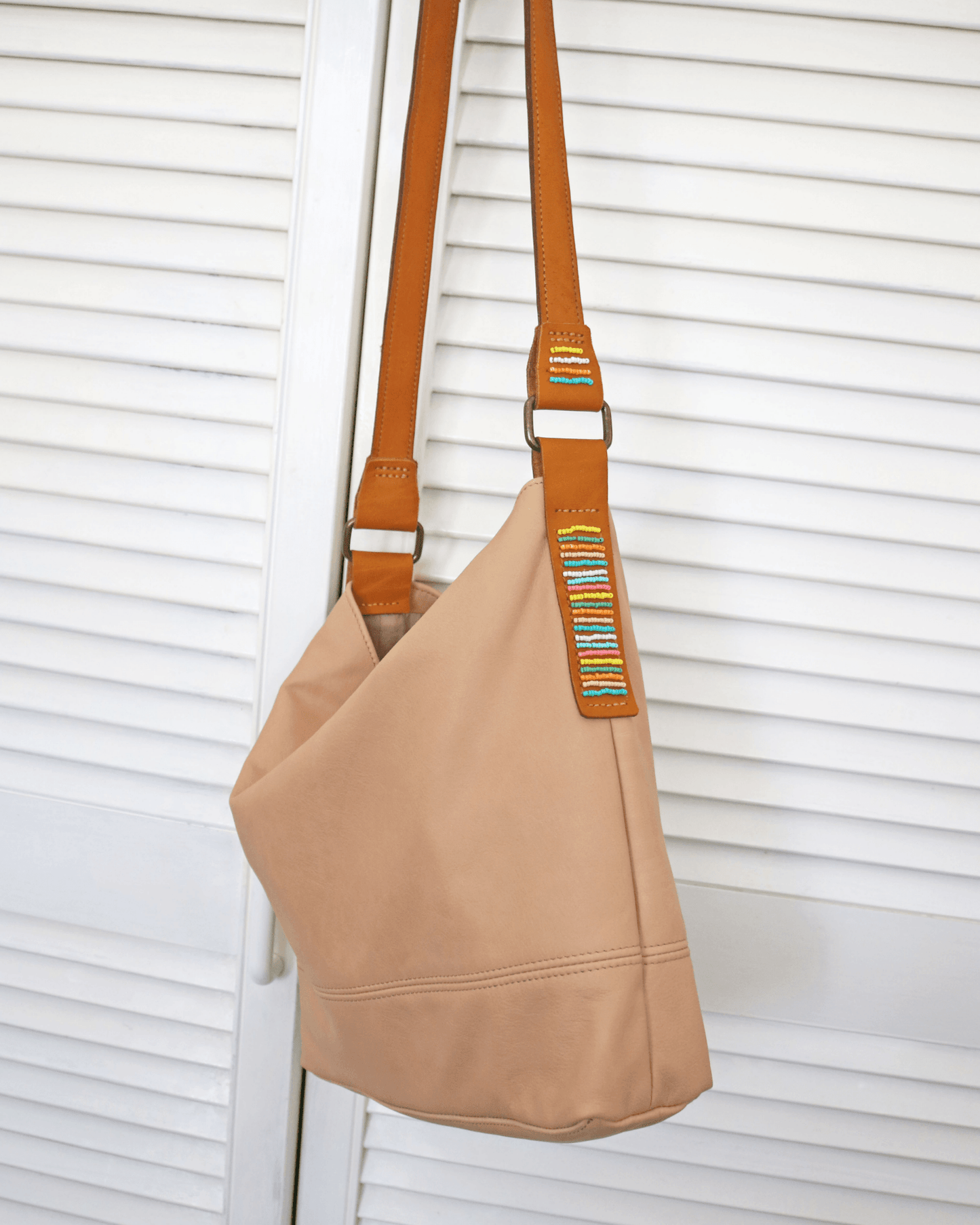 Leather Hobo Bag with Accent Beaded Detailing - ORIEN VIN TIQUE