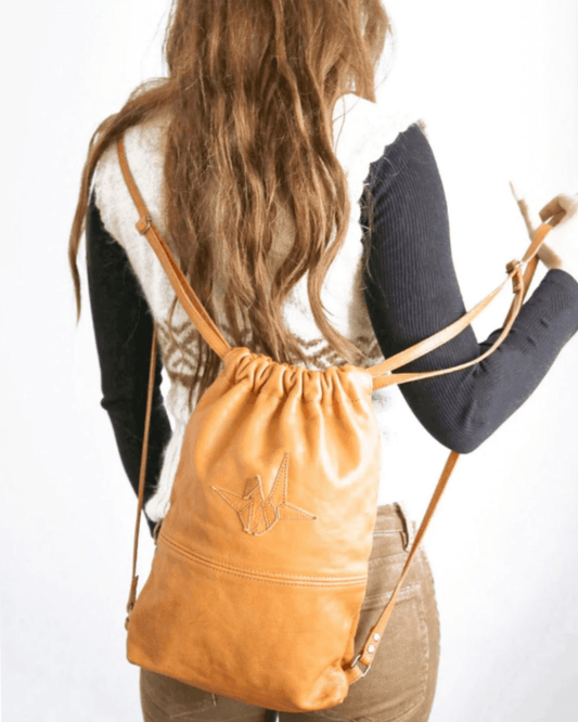 Origami Crane Inspired Leather Drawstring Backpack - ORIEN VIN TIQUE