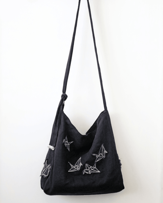Origami Cranes Embroidered Linen Hobo Bag - ORIEN VIN TIQUE