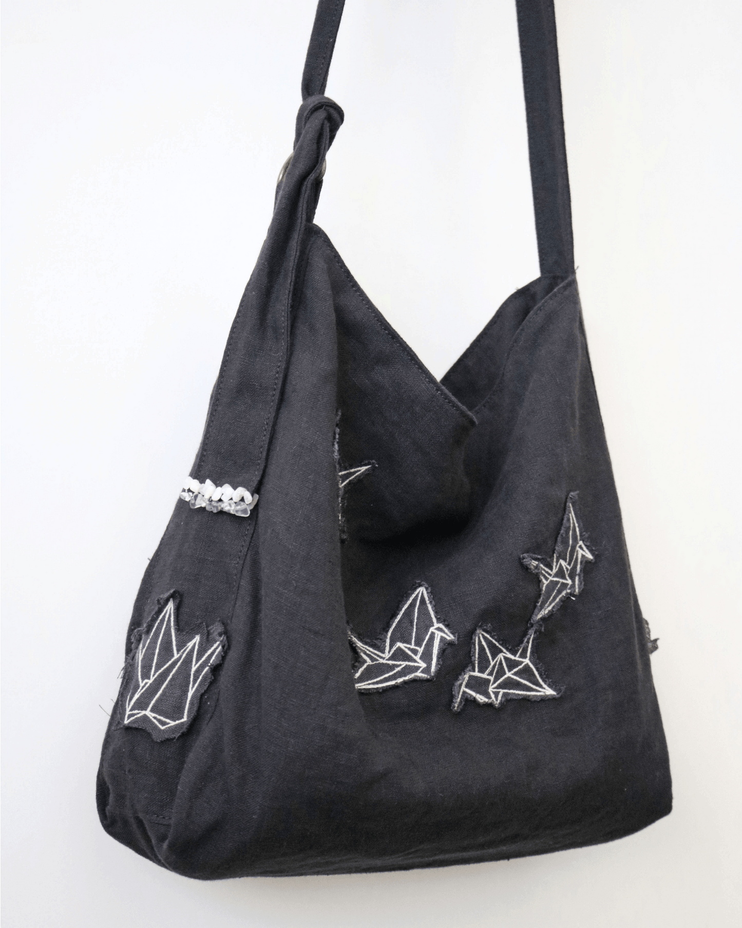 Origami Cranes Embroidered Linen Hobo Bag - ORIEN VIN TIQUE